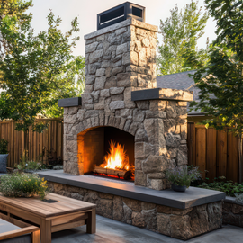 Stone Veneer Outdoor Fireplace